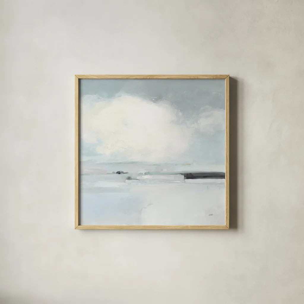 Neutral Horizon I by Julia Purinton. Shown in a natural wood glass frame for a timeless modern aesthetic. Available as an archival giclee rolled canvas, fine art paper, or poster print. SKU 60617a.