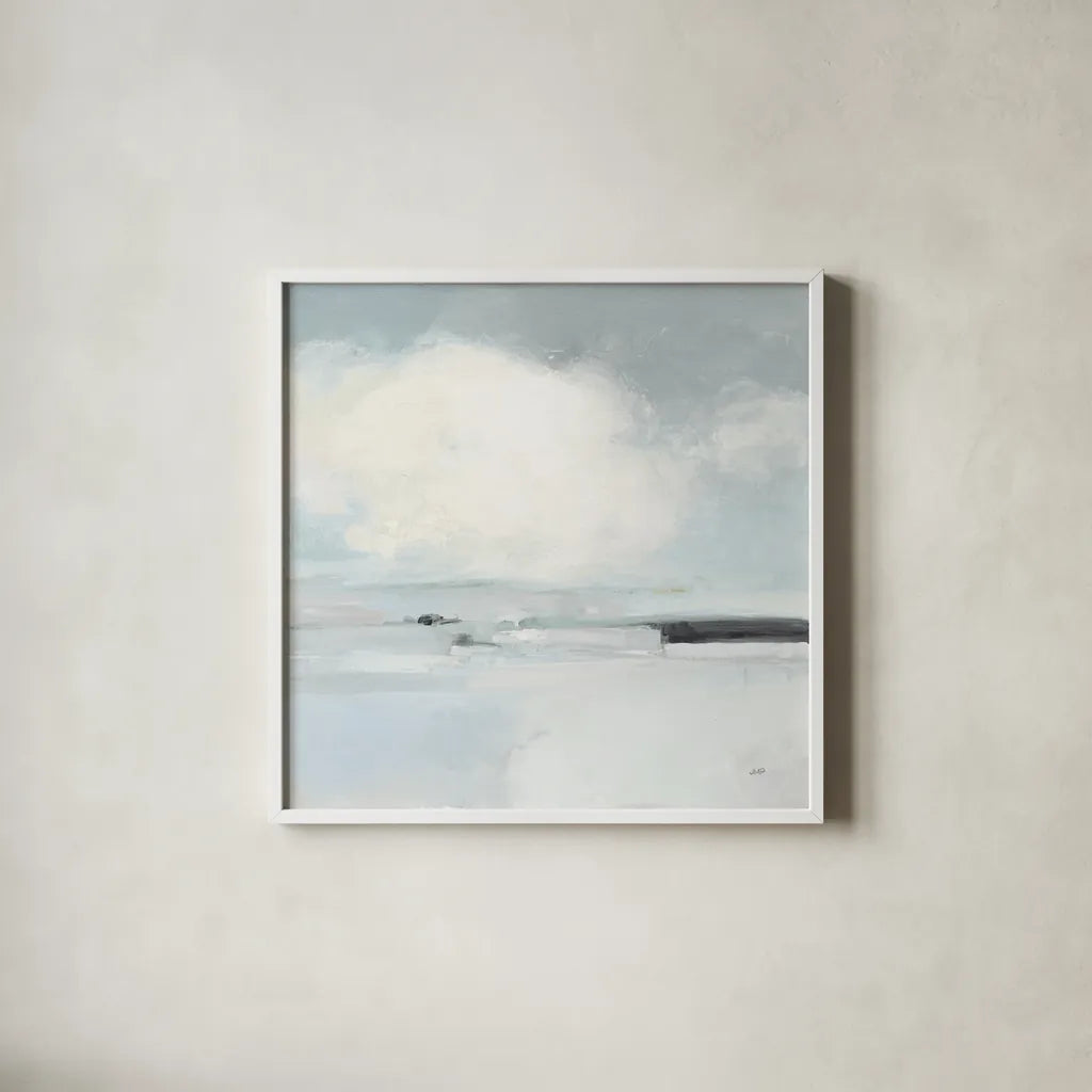Neutral Horizon I by Julia Purinton. Shown in a crisp white glass frame for a clean and minimalist style. Available as an archival giclee rolled canvas, fine art paper, or poster print. SKU 60617a.
