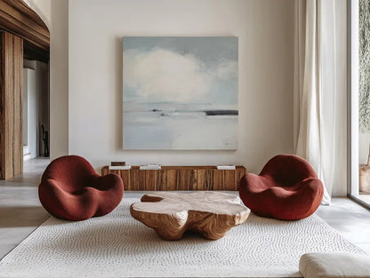Neutral Horizon I by Julia Purinton. Shown as extra-large giant wall art in a modern living room. Available as an archival giclee rolled canvas, fine art paper, or poster print. SKU 60617a.