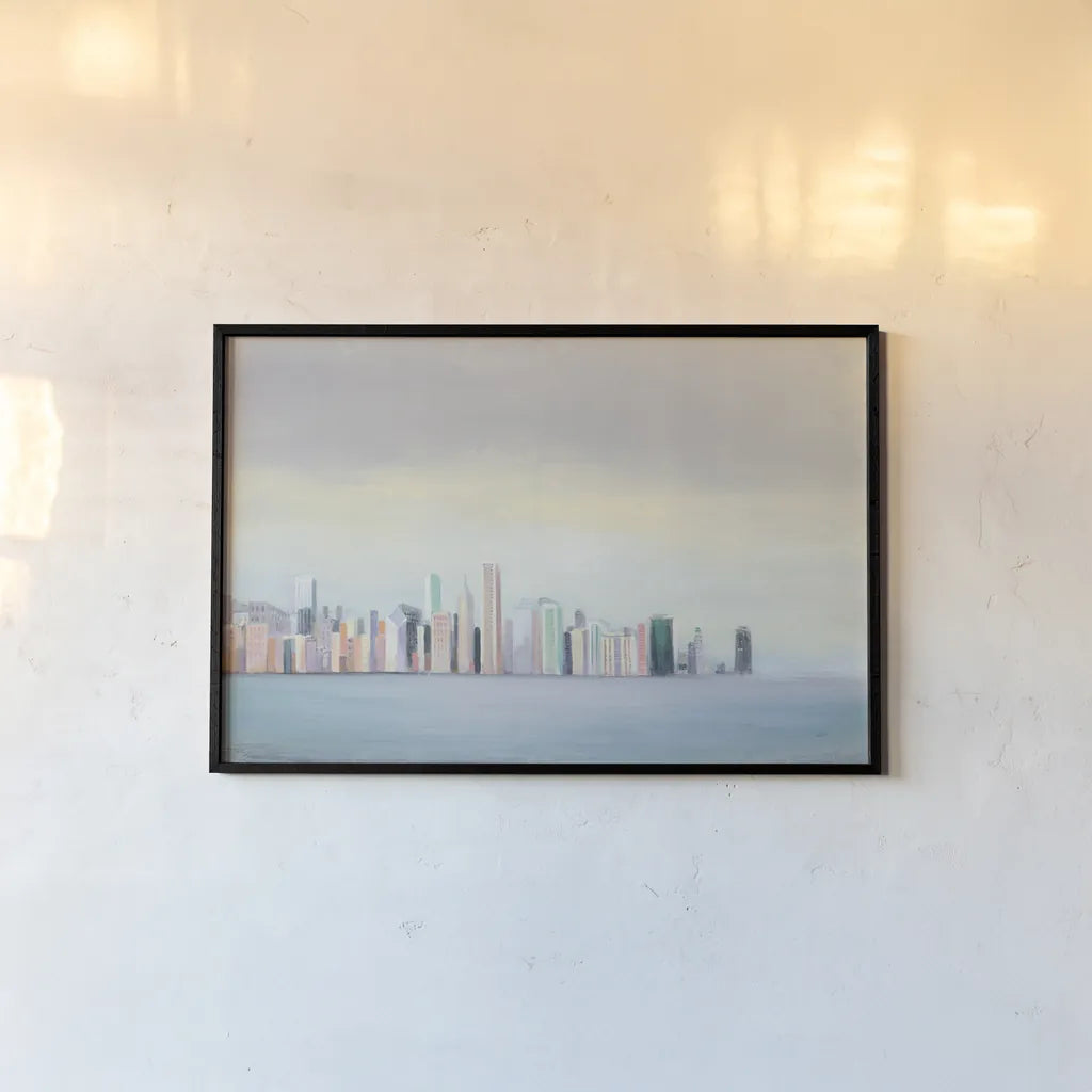 New York Skyline Blue Crop by Julia Purinton. shown as a paper print in a black flame. Available as a archival giclee rolled canvas, fine art paper, or poster print. SKU 46139i.