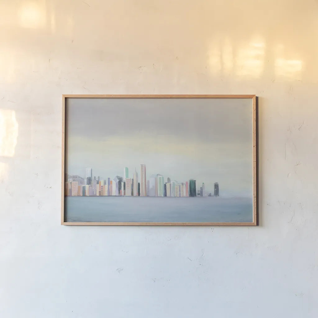 New York Skyline Blue Crop by Julia Purinton. shown as a paper print in a natural frame. Available as a archival giclee rolled canvas, fine art paper, or poster print. SKU 46139i.