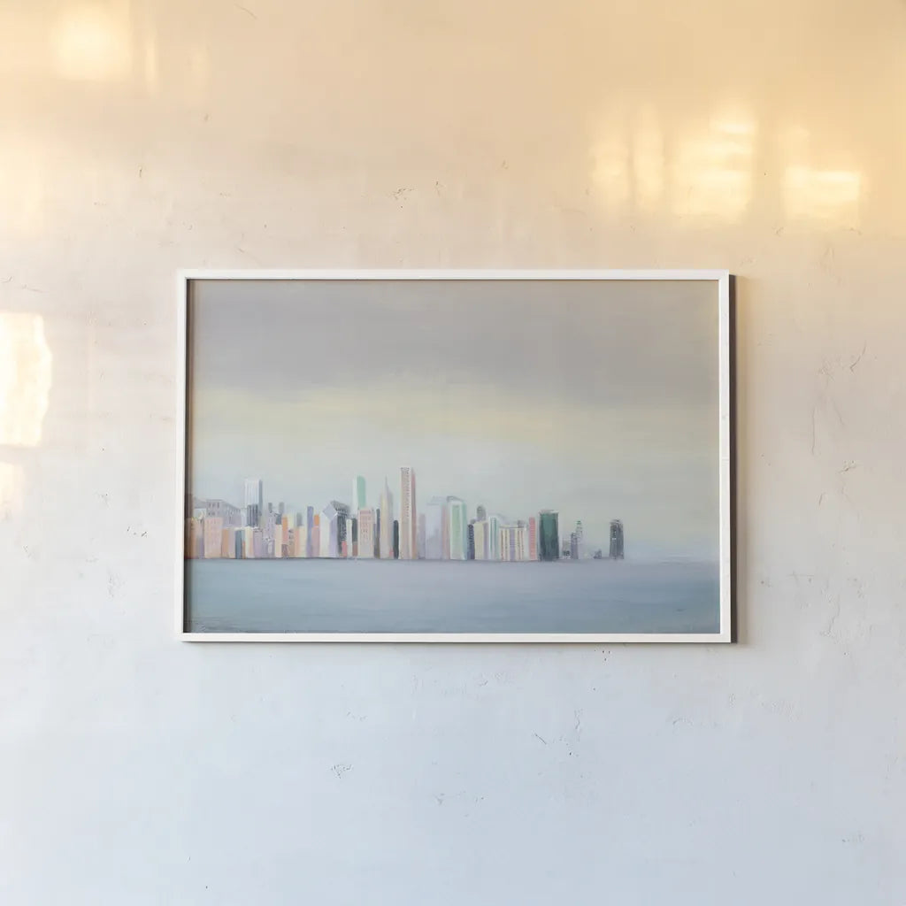 New York Skyline Blue Crop by Julia Purinton. shown as a paper print in a white frame. Available as a archival giclee rolled canvas, fine art paper, or poster print. SKU 46139i.