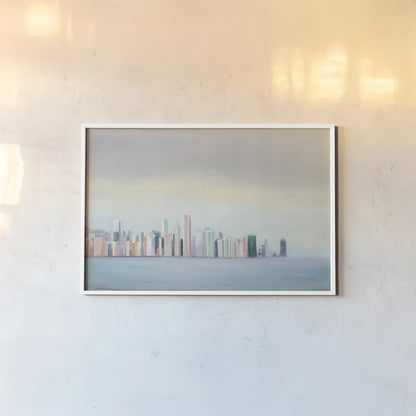 New York Skyline Blue Crop by Julia Purinton. shown as a paper print in a white frame. Available as a archival giclee rolled canvas, fine art paper, or poster print. SKU 46139i.