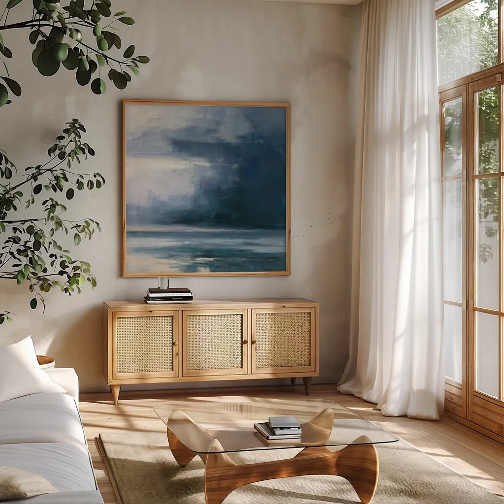 Night Journey by Julia Purinton. Shown in a natural wood frame in a cozy modern living room. Available as an archival giclee rolled canvas, fine art paper, or poster print. SKU 60269a.
