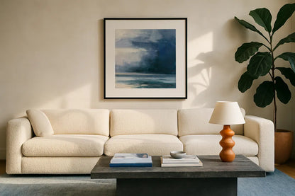 Night Journey by Julia Purinton. Displayed in a glass frame with matte in a clean modern living room. Available as an archival giclee rolled canvas, fine art paper, or poster print. SKU 60269a.