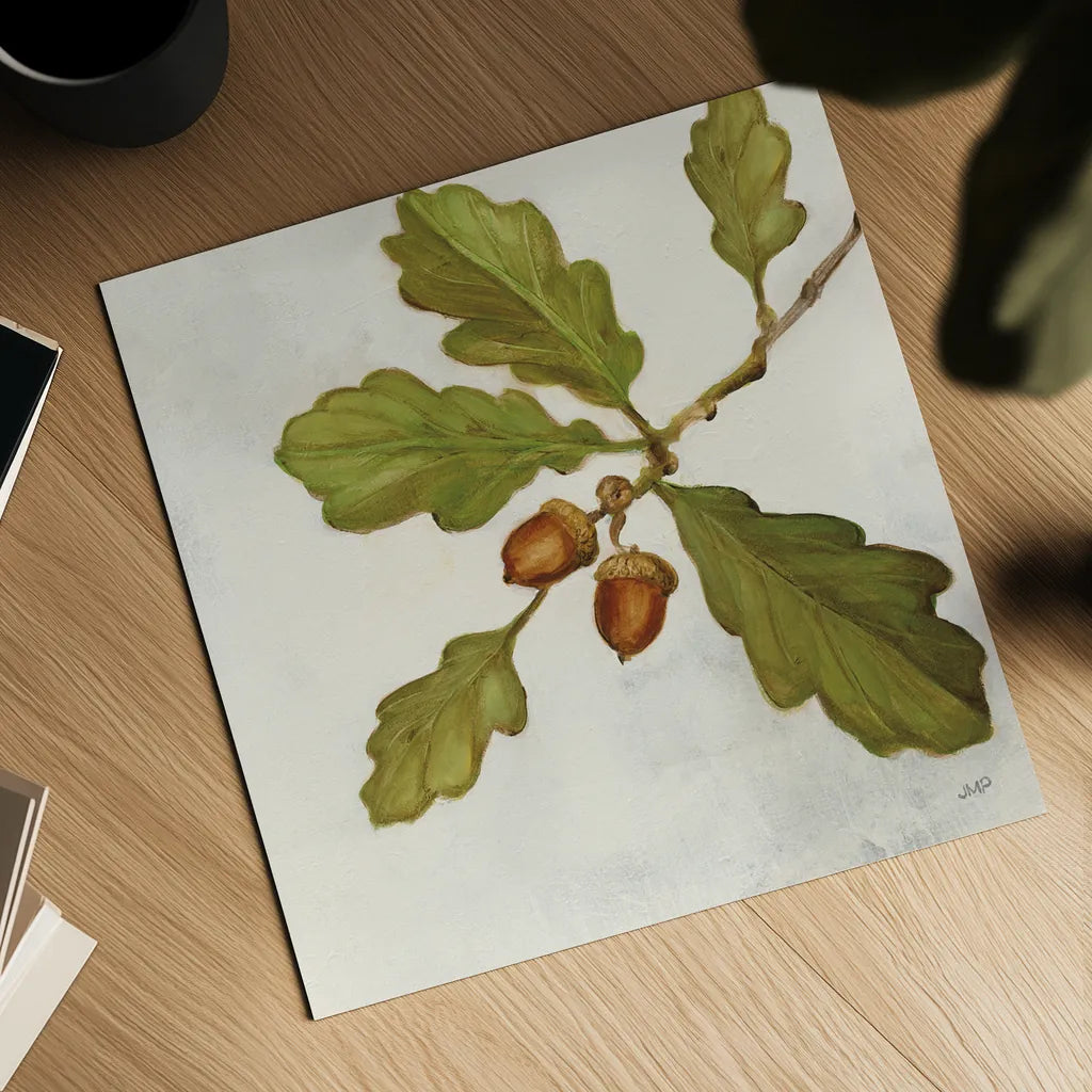Oak Branch Crop by Julia Purinton. Shown as a detailed flat fine art print, highlighting archival giclee quality. Available as an archival giclee rolled canvas, fine art paper, or poster print. SKU 76833a.