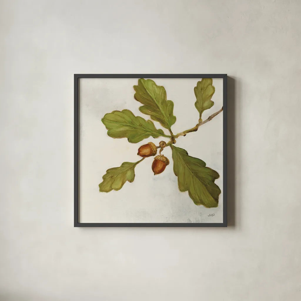 Oak Branch Crop by Julia Purinton. Shown in a sleek black glass frame for a contemporary gallery look. Available as an archival giclee rolled canvas, fine art paper, or poster print. SKU 76833a.
