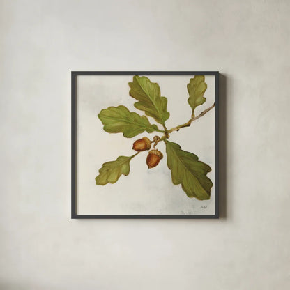 Oak Branch Crop by Julia Purinton. Shown in a sleek black glass frame for a contemporary gallery look. Available as an archival giclee rolled canvas, fine art paper, or poster print. SKU 76833a.