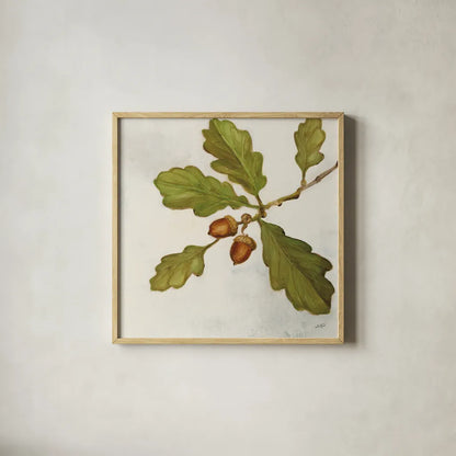 Oak Branch Crop by Julia Purinton. Shown in a natural wood glass frame for a timeless modern aesthetic. Available as an archival giclee rolled canvas, fine art paper, or poster print. SKU 76833a.