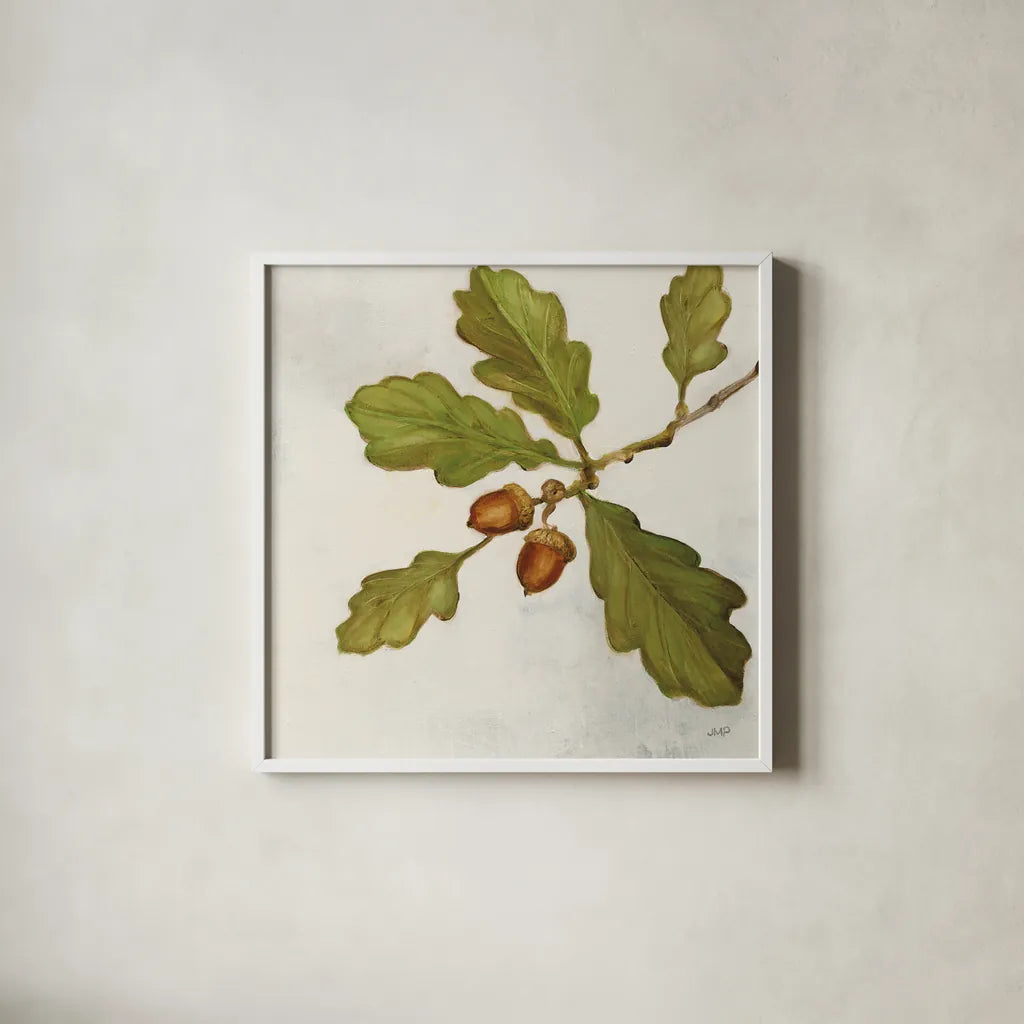 Oak Branch Crop by Julia Purinton. Shown in a crisp white glass frame for a clean and minimalist style. Available as an archival giclee rolled canvas, fine art paper, or poster print. SKU 76833a.