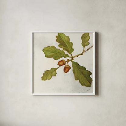 Oak Branch Crop by Julia Purinton. Shown in a crisp white glass frame for a clean and minimalist style. Available as an archival giclee rolled canvas, fine art paper, or poster print. SKU 76833a.