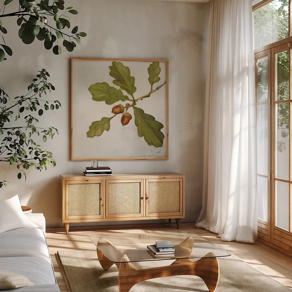 Oak Branch Crop by Julia Purinton. Shown in a natural wood frame in a cozy modern living room. Available as an archival giclee rolled canvas, fine art paper, or poster print. SKU 76833a.