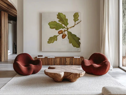 Oak Branch Crop by Julia Purinton. Shown as extra-large giant wall art in a modern living room. Available as an archival giclee rolled canvas, fine art paper, or poster print. SKU 76833a.