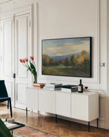 October Meadow by Julia Purinton. shown as a framed stretched canvas in a living room above a console. Available as a archival giclee rolled canvas, fine art paper, or poster print. SKU 102423i.