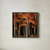 October Woods by Julia Purinton. Shown in a sleek black glass frame for a contemporary gallery look. Available as an archival giclee rolled canvas, fine art paper, or poster print. SKU 30710a.