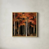 October Woods by Julia Purinton. Shown in a natural wood glass frame for a timeless modern aesthetic. Available as an archival giclee rolled canvas, fine art paper, or poster print. SKU 30710a.