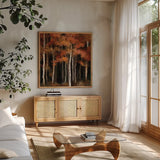 October Woods by Julia Purinton. Shown in a natural wood frame in a cozy modern living room. Available as an archival giclee rolled canvas, fine art paper, or poster print. SKU 30710a.