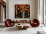 October Woods by Julia Purinton. Shown as extra-large giant wall art in a modern living room. Available as an archival giclee rolled canvas, fine art paper, or poster print. SKU 30710a.