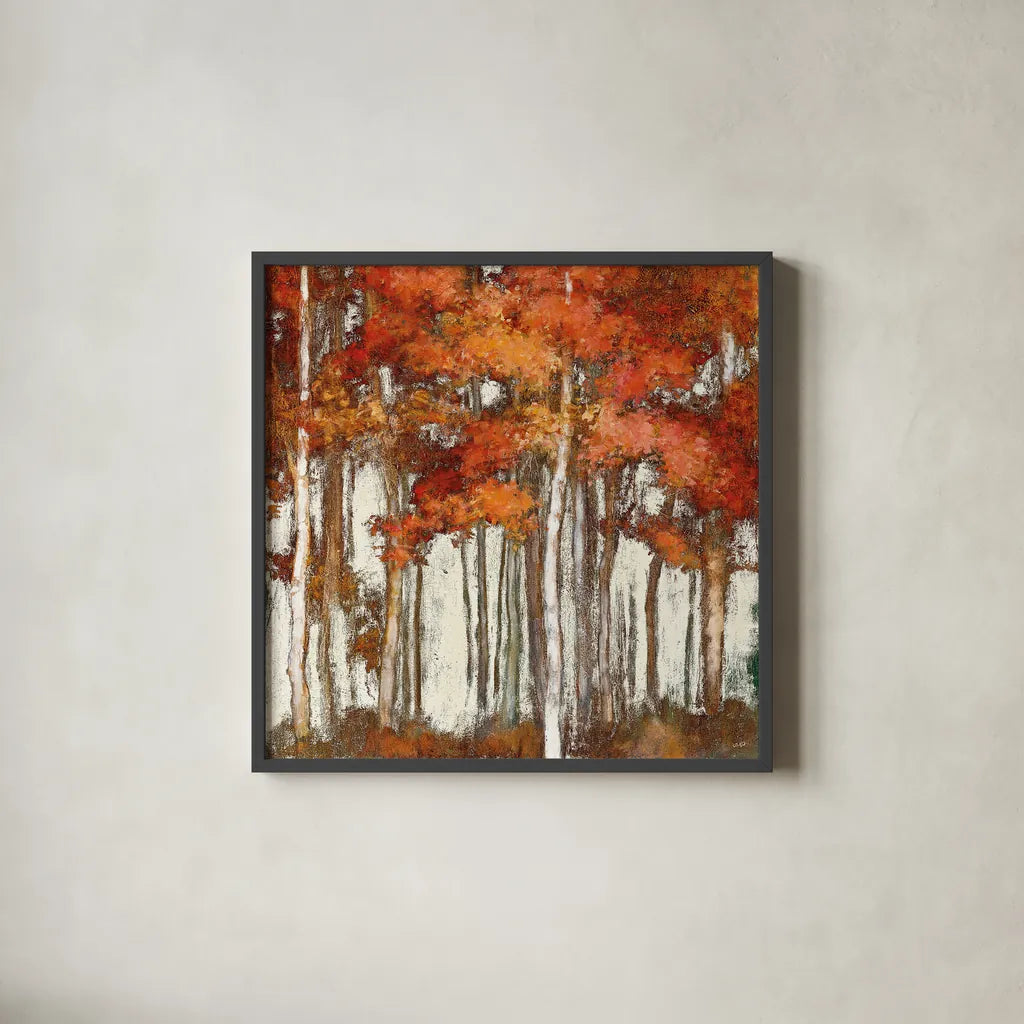 October Woods Light by Julia Purinton. Shown in a sleek black glass frame for a contemporary gallery look. Available as an archival giclee rolled canvas, fine art paper, or poster print. SKU 33483a.