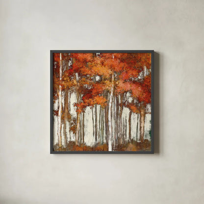 October Woods Light by Julia Purinton. Shown in a sleek black glass frame for a contemporary gallery look. Available as an archival giclee rolled canvas, fine art paper, or poster print. SKU 33483a.
