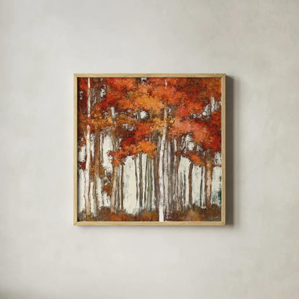 October Woods Light by Julia Purinton. Shown in a natural wood glass frame for a timeless modern aesthetic. Available as an archival giclee rolled canvas, fine art paper, or poster print. SKU 33483a.