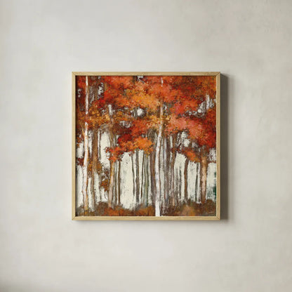 October Woods Light by Julia Purinton. Shown in a natural wood glass frame for a timeless modern aesthetic. Available as an archival giclee rolled canvas, fine art paper, or poster print. SKU 33483a.