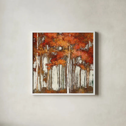 October Woods Light by Julia Purinton. Shown in a crisp white glass frame for a clean and minimalist style. Available as an archival giclee rolled canvas, fine art paper, or poster print. SKU 33483a.