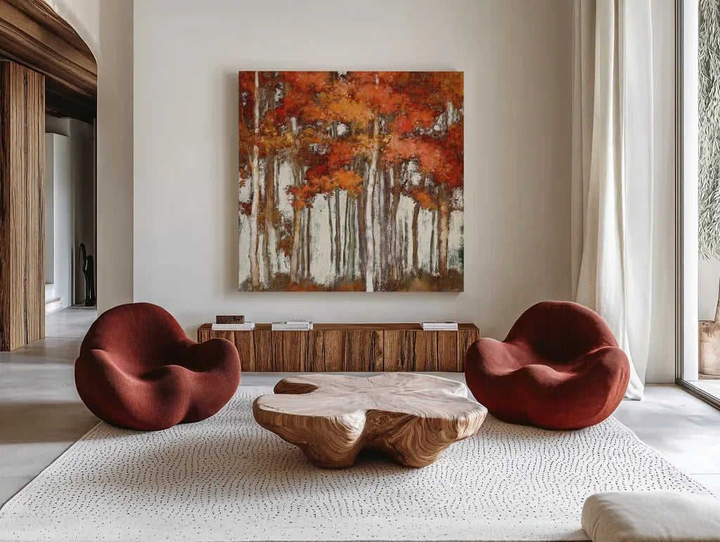 October Woods Light by Julia Purinton. Shown as extra-large giant wall art in a modern living room. Available as an archival giclee rolled canvas, fine art paper, or poster print. SKU 33483a.