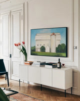 On the Farm by Julia Purinton. shown as a framed stretched canvas in a living room above a console. Available as a archival giclee rolled canvas, fine art paper, or poster print. SKU 55363i.