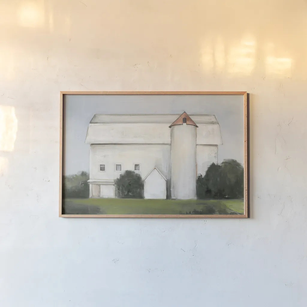 On the Farm Light by Julia Purinton. shown as a paper print in a natural frame. Available as a archival giclee rolled canvas, fine art paper, or poster print. SKU 58256i.