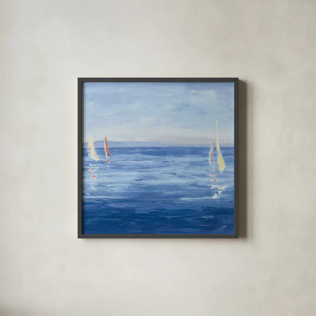 Open Sail with Red Crop by Julia Purinton. Shown in a sleek black glass frame for a contemporary gallery look. Available as an archival giclee rolled canvas, fine art paper, or poster print. SKU 47775a.