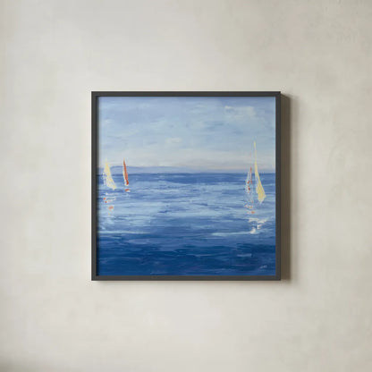 Open Sail with Red Crop by Julia Purinton. Shown in a sleek black glass frame for a contemporary gallery look. Available as an archival giclee rolled canvas, fine art paper, or poster print. SKU 47775a.