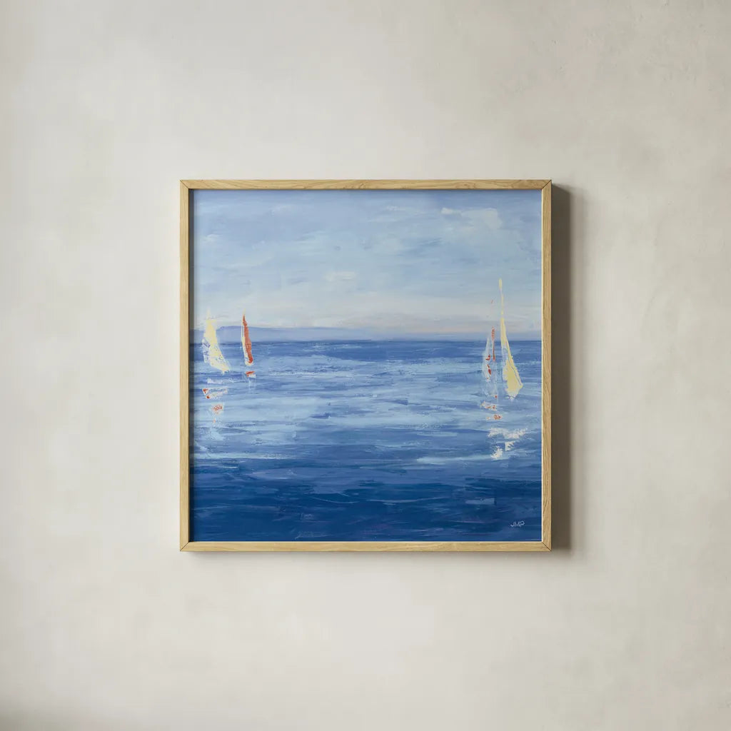 Open Sail with Red Crop by Julia Purinton. Shown in a natural wood glass frame for a timeless modern aesthetic. Available as an archival giclee rolled canvas, fine art paper, or poster print. SKU 47775a.