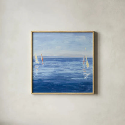 Open Sail with Red Crop by Julia Purinton. Shown in a natural wood glass frame for a timeless modern aesthetic. Available as an archival giclee rolled canvas, fine art paper, or poster print. SKU 47775a.