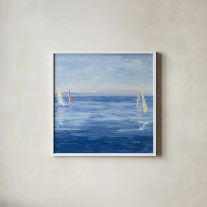 Open Sail with Red Crop by Julia Purinton. Shown in a crisp white glass frame for a clean and minimalist style. Available as an archival giclee rolled canvas, fine art paper, or poster print. SKU 47775a.