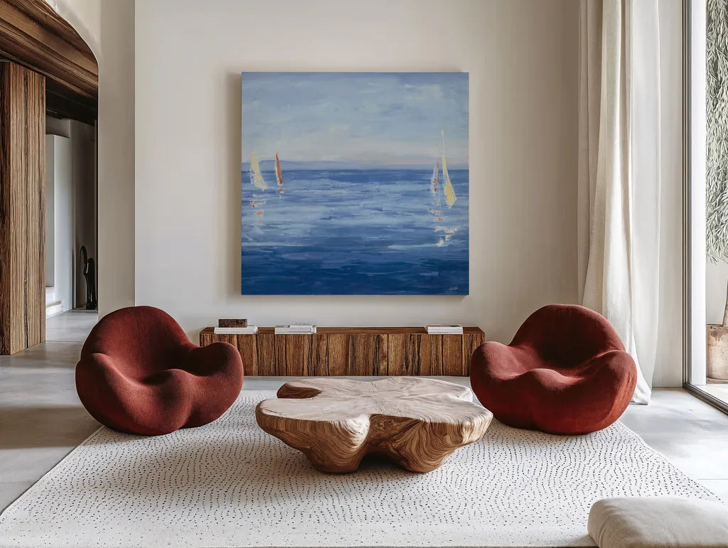 Open Sail with Red Crop by Julia Purinton. Shown as extra-large giant wall art in a modern living room. Available as an archival giclee rolled canvas, fine art paper, or poster print. SKU 47775a.