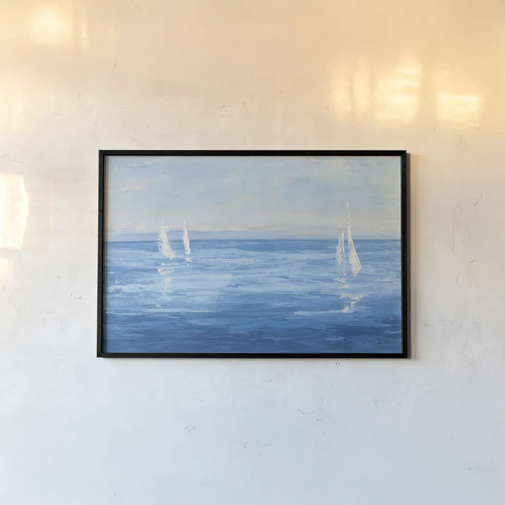 Open Sail with Turquoise by Julia Purinton. shown as a paper print in a black flame. Available as a archival giclee rolled canvas, fine art paper, or poster print. SKU 25356i.