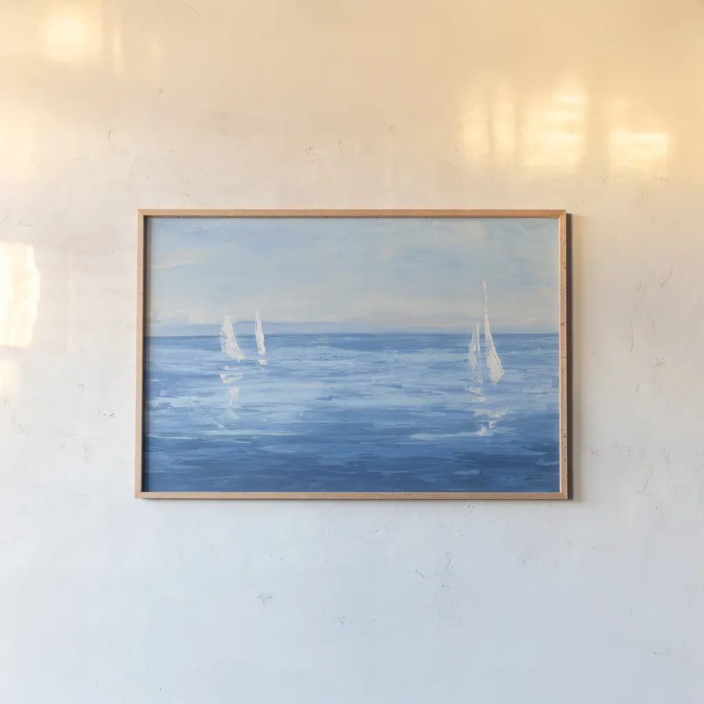 Open Sail with Turquoise by Julia Purinton. shown as a paper print in a natural frame. Available as a archival giclee rolled canvas, fine art paper, or poster print. SKU 25356i.