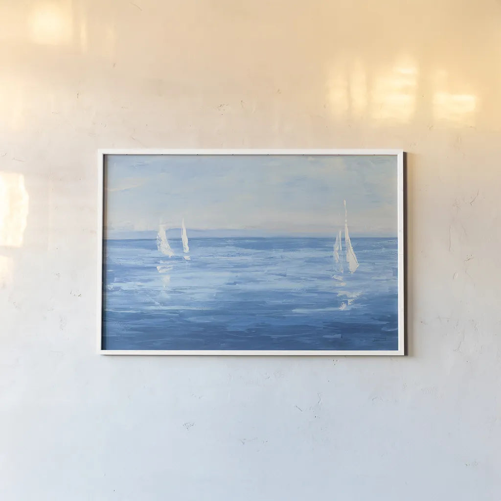 Open Sail with Turquoise by Julia Purinton. shown as a paper print in a white frame. Available as a archival giclee rolled canvas, fine art paper, or poster print. SKU 25356i.