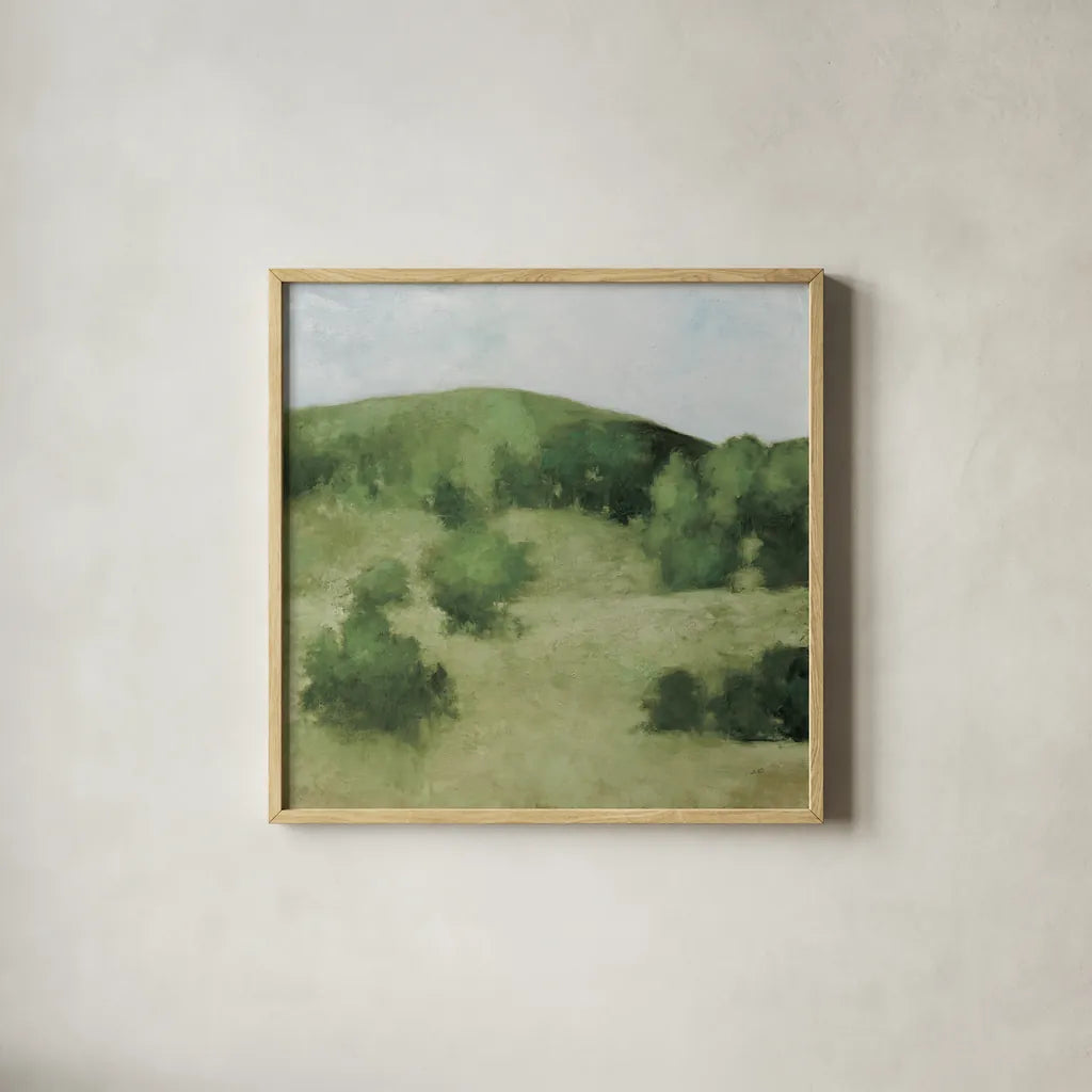 Over the Hill by Julia Purinton. Shown in a natural wood glass frame for a timeless modern aesthetic. Available as an archival giclee rolled canvas, fine art paper, or poster print. SKU 95217a.