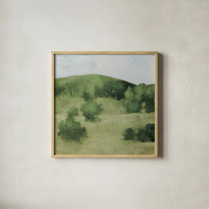 Over the Hill by Julia Purinton. Shown in a natural wood glass frame for a timeless modern aesthetic. Available as an archival giclee rolled canvas, fine art paper, or poster print. SKU 95217a.