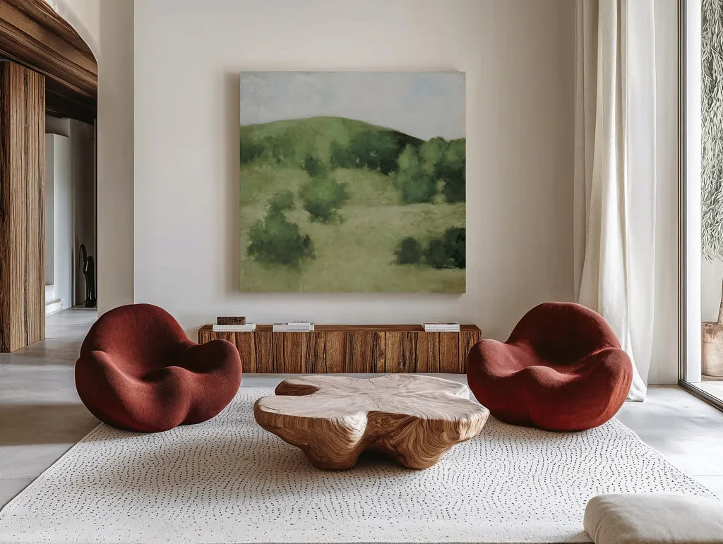 Over the Hill by Julia Purinton. Shown as extra-large giant wall art in a modern living room. Available as an archival giclee rolled canvas, fine art paper, or poster print. SKU 95217a.