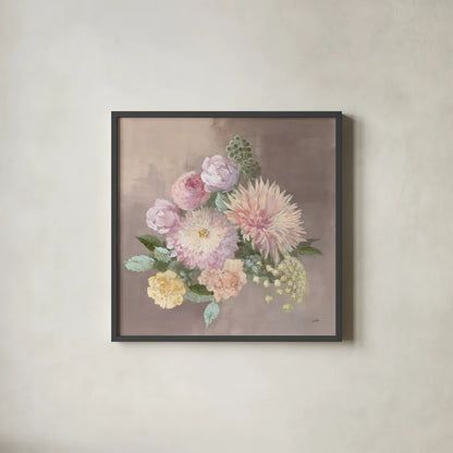 Pale Floral Spray I by Julia Purinton. Shown in a sleek black glass frame for a contemporary gallery look. Available as an archival giclee rolled canvas, fine art paper, or poster print. SKU 65158a.