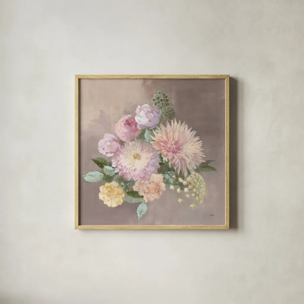 Pale Floral Spray I by Julia Purinton. Shown in a natural wood glass frame for a timeless modern aesthetic. Available as an archival giclee rolled canvas, fine art paper, or poster print. SKU 65158a.