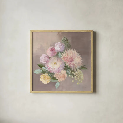Pale Floral Spray I by Julia Purinton. Shown in a natural wood glass frame for a timeless modern aesthetic. Available as an archival giclee rolled canvas, fine art paper, or poster print. SKU 65158a.