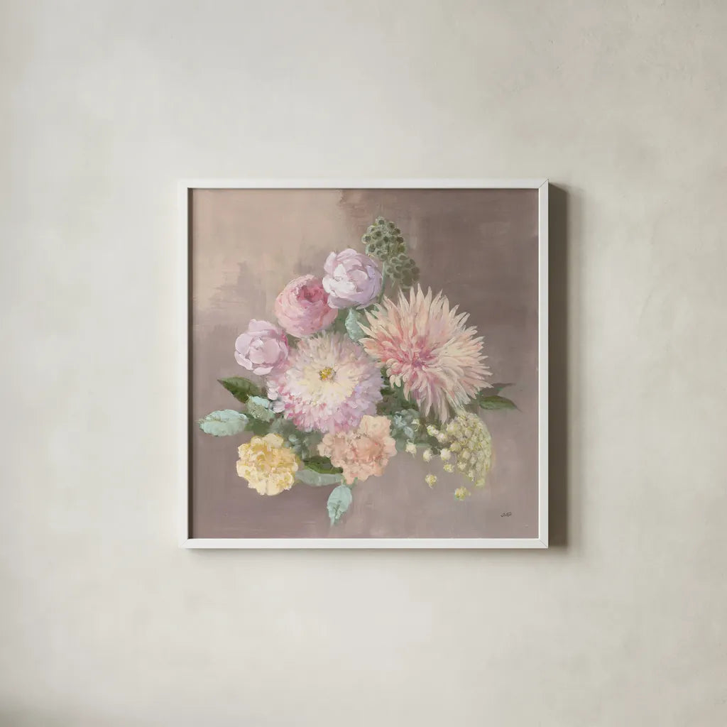 Pale Floral Spray I by Julia Purinton. Shown in a crisp white glass frame for a clean and minimalist style. Available as an archival giclee rolled canvas, fine art paper, or poster print. SKU 65158a.