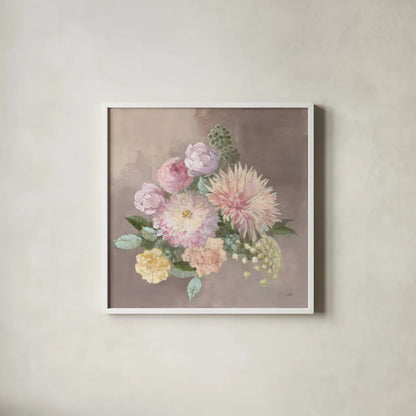 Pale Floral Spray I by Julia Purinton. Shown in a crisp white glass frame for a clean and minimalist style. Available as an archival giclee rolled canvas, fine art paper, or poster print. SKU 65158a.