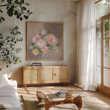 Pale Floral Spray I by Julia Purinton. Shown in a natural wood frame in a cozy modern living room. Available as an archival giclee rolled canvas, fine art paper, or poster print. SKU 65158a.