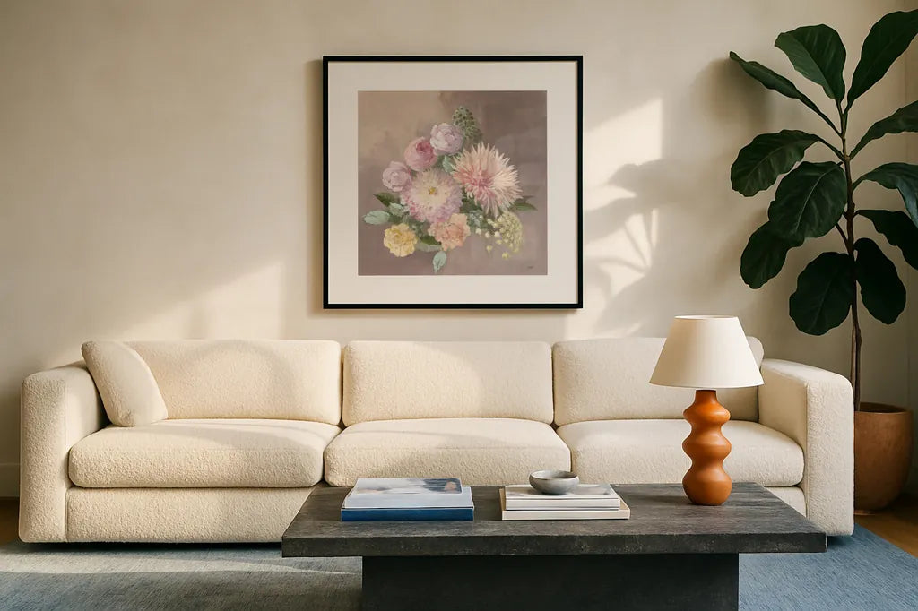 Pale Floral Spray I by Julia Purinton. Displayed in a glass frame with matte in a clean modern living room. Available as an archival giclee rolled canvas, fine art paper, or poster print. SKU 65158a.