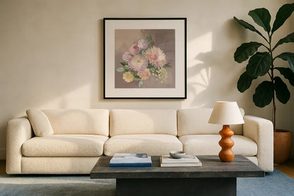 Pale Floral Spray I by Julia Purinton. Displayed in a glass frame with matte in a clean modern living room. Available as an archival giclee rolled canvas, fine art paper, or poster print. SKU 65158a.